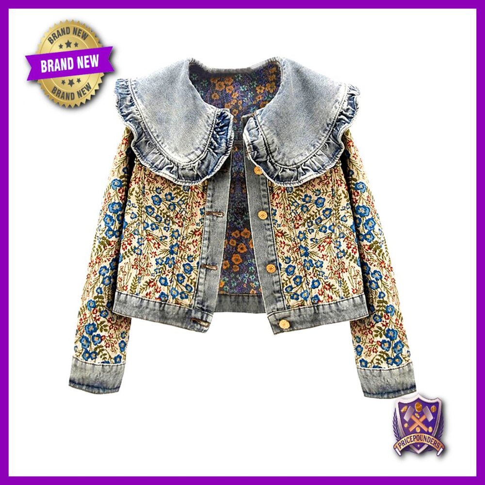 Jacquard Denim Jacket Peter Pan Collar Floral Crop Shacket Vintage Y2k Chic